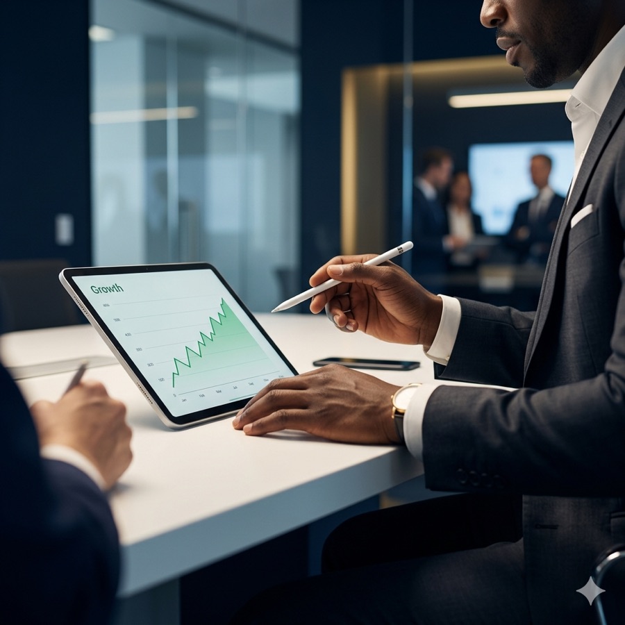 A professional reviewing progress on a tablet