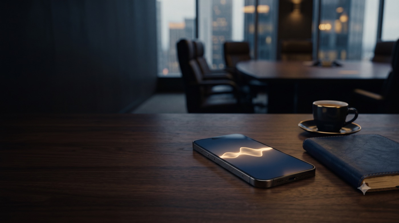 A smartphone showing a glowing voice waveform on an executive desk